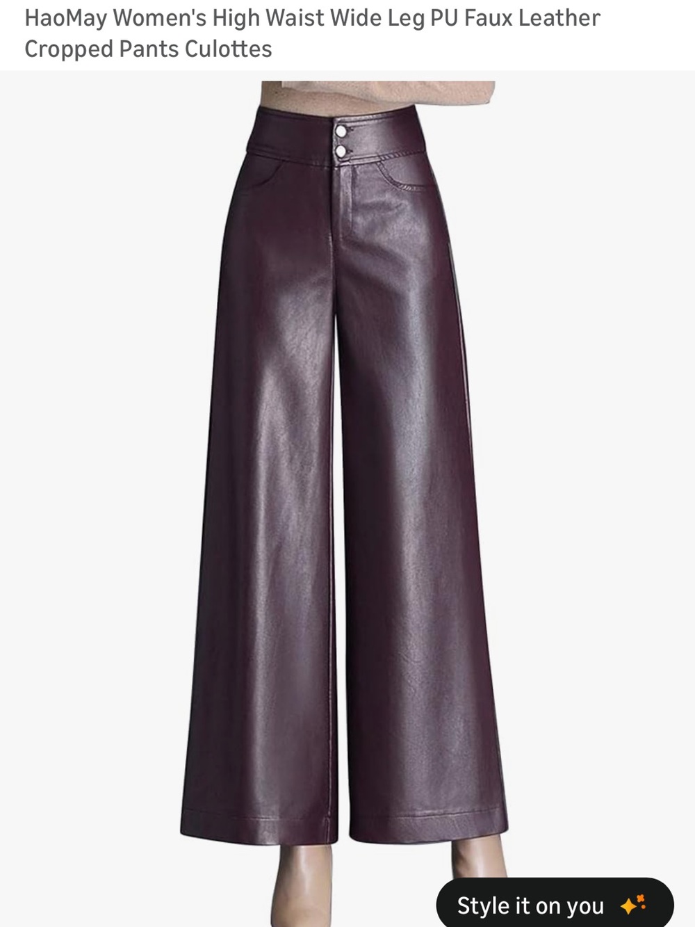 HaoMay Women's High Waist Wide Leg PU Faux Leather Cropped Pants Culottes